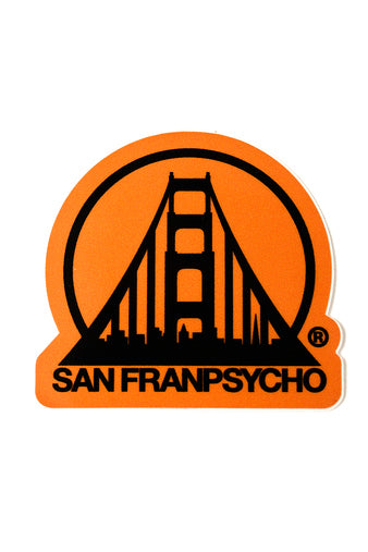 Orange & Black Logo Sticker showcasing a die-cut orange design of the Golden Gate Bridge, with the iconic San Franpsycho logo beneath.