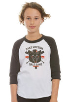 A child sports the Youth Take Meeeow Baseball Tee adorned with a black cat and the playful phrase, "Take Meow to the Ball Game," making it perfect for San Francisco's lively baseball season. Available in kids' sizes, it's an ideal choice for young fans ready to cheer from the stands.