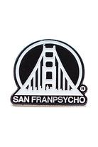 The Black & White SFP Logo Pin is a custom enamel pin featuring a stylized bridge silhouette with the text "San Franpsycho" underneath. This 1-inch pin is crafted for secure attachment with a strong clutch.