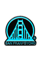 The Black & Blue SFP Logo Pin features a stylized turquoise bridge design with "San Franpsycho" elegantly inscribed beneath it on a sleek black background. It is secured with a standard clutch, making it both a stylish and practical accessory for pin enthusiasts.