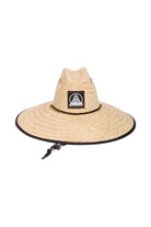 The Lifeguard Hat features a wide-brimmed woven straw design, black logo patch, and adjustable chin strap for excellent sun protection—ideal for classic beach or poolside style.