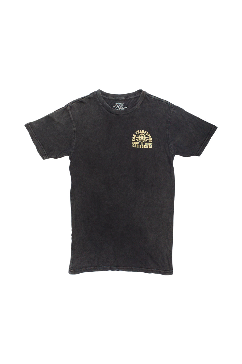 Hippie Hill Mineral Wash Tee in black, showcasing a subtle California design and text on the upper front, made from soft airlume cotton for superior comfort.