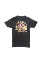 A black airlume cotton t-shirt, the Hippie Hill Mineral Wash Tee showcases a colorful design with bold text reading San Franpsycho and SF CA, capturing the vibrant spirit of the city in hand-printed style.