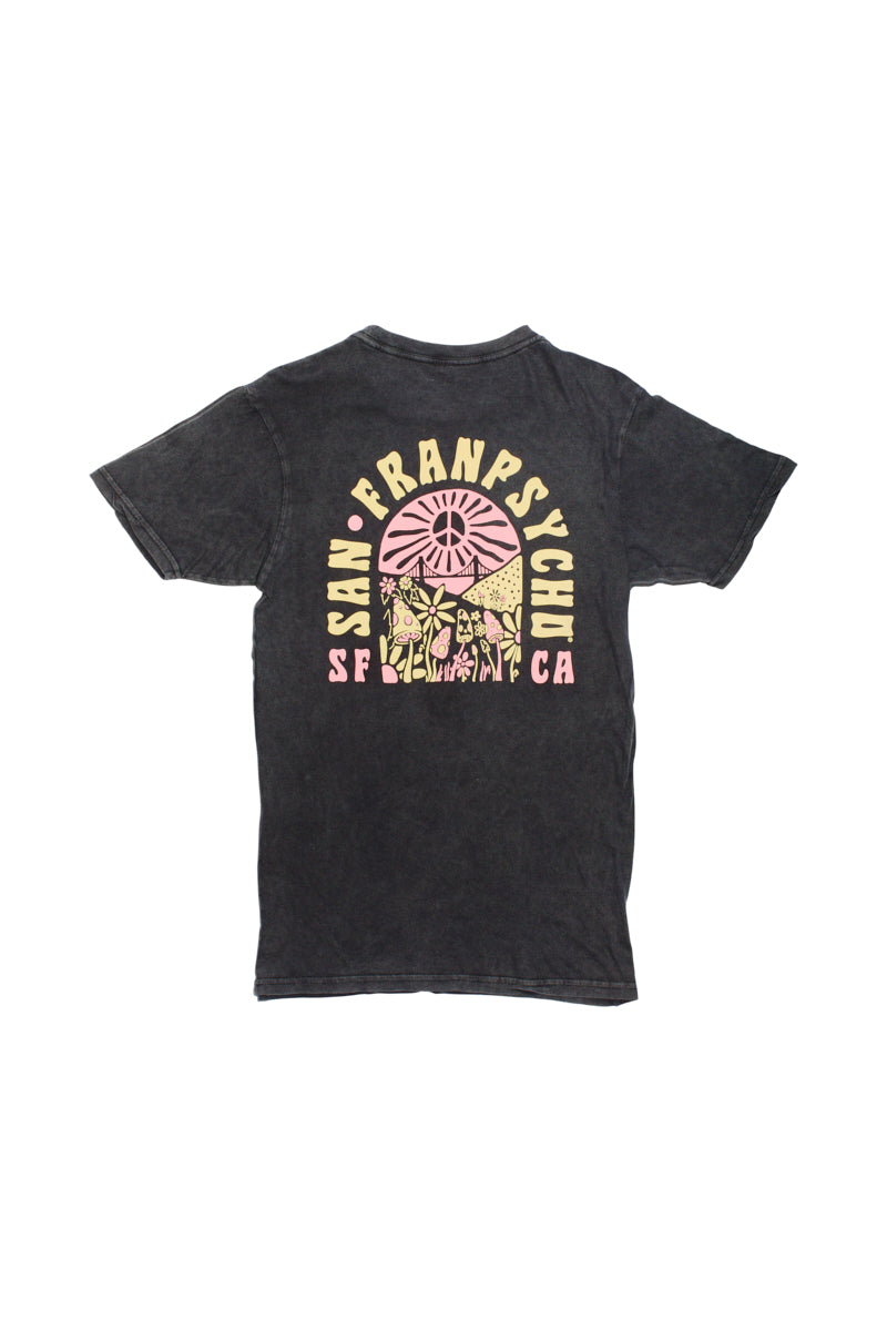 A black airlume cotton t-shirt, the Hippie Hill Mineral Wash Tee showcases a colorful design with bold text reading San Franpsycho and SF CA, capturing the vibrant spirit of the city in hand-printed style.