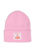 The Pink Kids Beanie with Heart Patch is a stylish knit beanie for kids featuring a white patch with an orange design and San Franpsycho text, perfect for staying warm on chilly days.