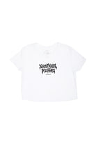 Introducing the Metal Logo Crop Top from the Fall 2023 collection—a trendy white cropped t-shirt embellished with black abstract font graphic text. Made from luxurious airlume cotton, it ensures unbeatable comfort and style.