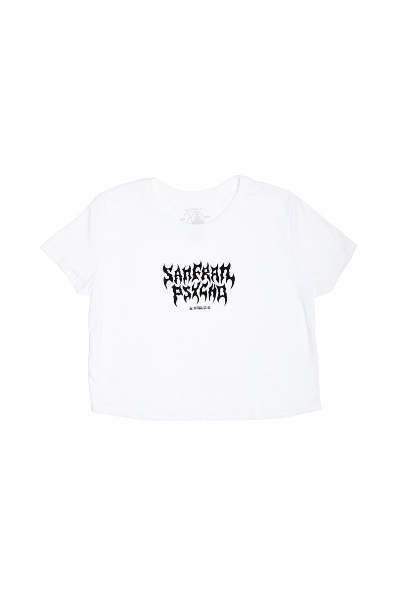 Introducing the Metal Logo Crop Top from the Fall 2023 collection—a trendy white cropped t-shirt embellished with black abstract font graphic text. Made from luxurious airlume cotton, it ensures unbeatable comfort and style.