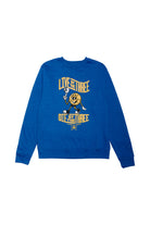 The "Live by the Three Blue Crewneck" sweatshirt showcases a cartoon character holding a basketball, with the text "Live by the three, die by the three." It's an ideal choice for any Warriors fan celebrating their team's championships.