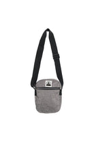 Small Sling Bag in gray featuring a black adjustable strap and a zippered front pocket, displayed on a white background.