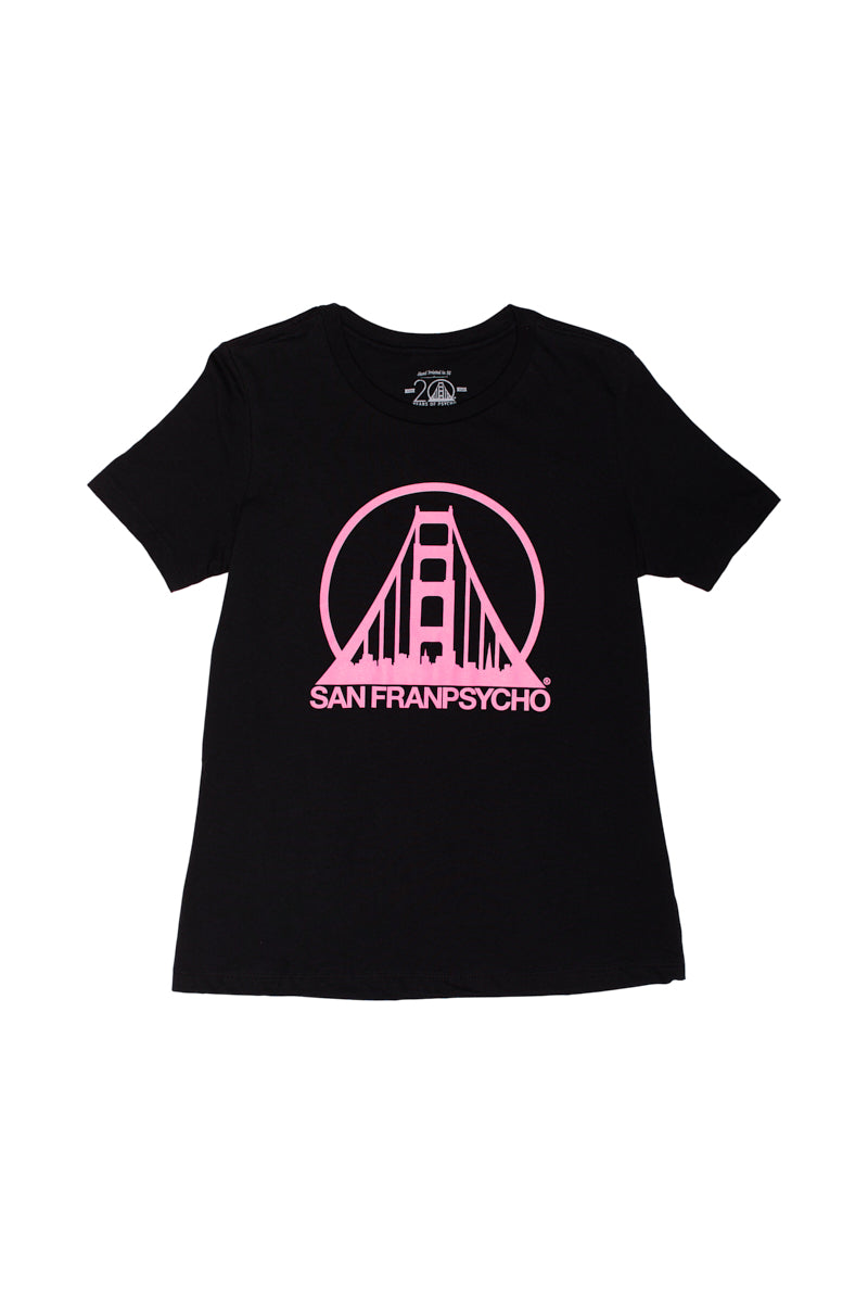 Women’s Black & Pink Logo Tee featuring a pink Golden Gate Bridge graphic and the text SAN FRANPSYCHO.
