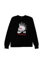 Introducing the Rat Skull Crewneck from the Fall 2023 Collection, this black sweatshirt showcases a spiky-haired skull design and bold red SANFRANPSYCHO text, capturing edgy style.