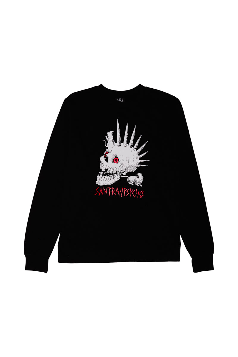 Introducing the Rat Skull Crewneck from the Fall 2023 Collection, this black sweatshirt showcases a spiky-haired skull design and bold red SANFRANPSYCHO text, capturing edgy style.