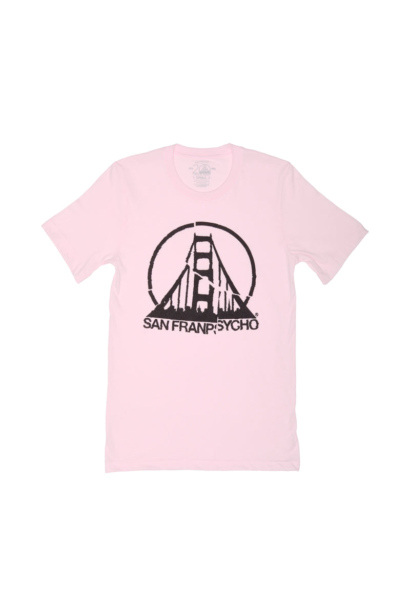 This Shredder Logo Tee, crafted from soft cotton, features a black bridge graphic and bold "San Franpsycho" text in pink. Perfect for those embracing the Punk Rock 2023 vibe.