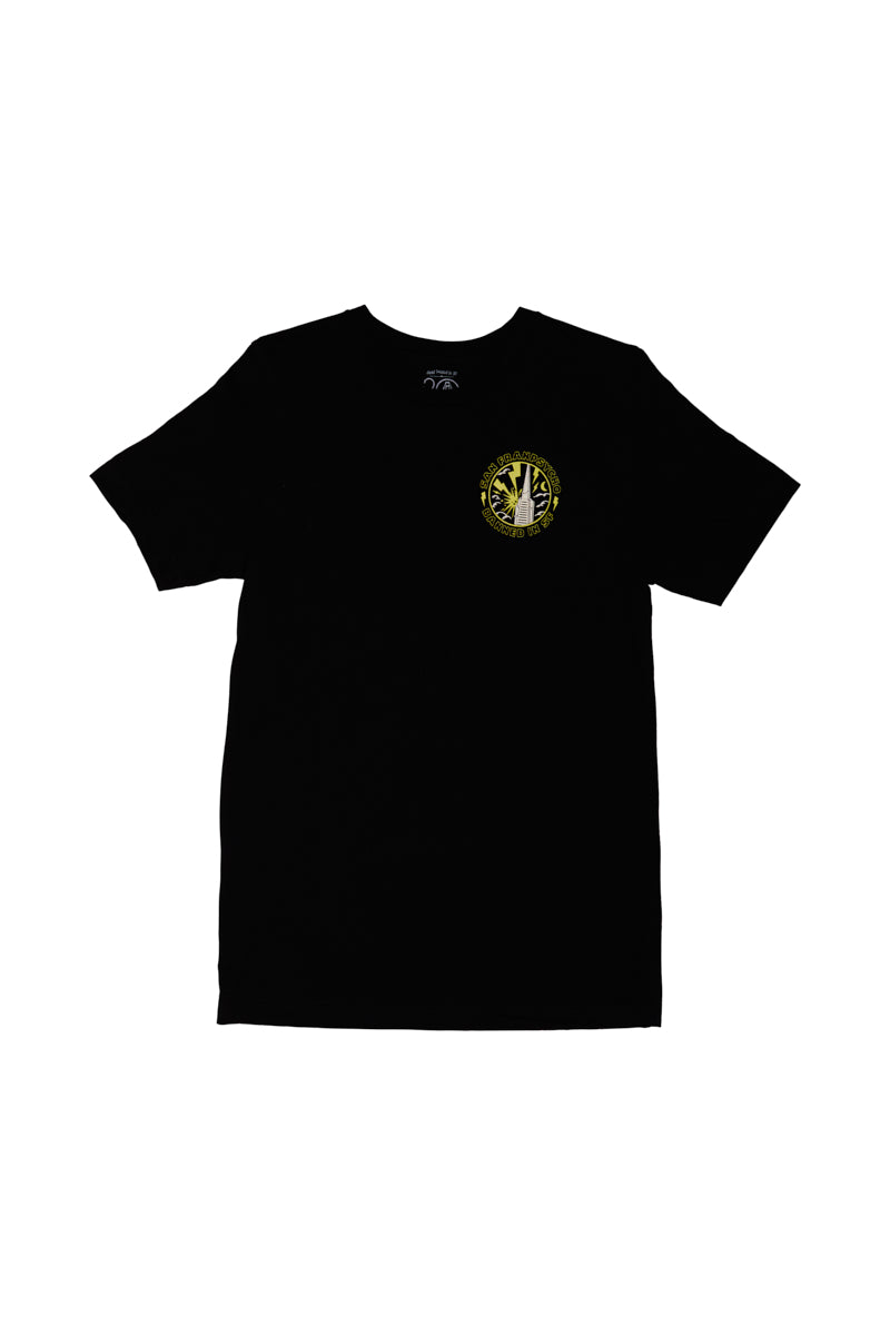 The Banned in SF Tee is a black T-shirt featuring a small yellow circular logo on the left chest, embodying the rebellious spirit of Fall Punk Rock 2023 and capturing San Franciscos edgy vibe.
