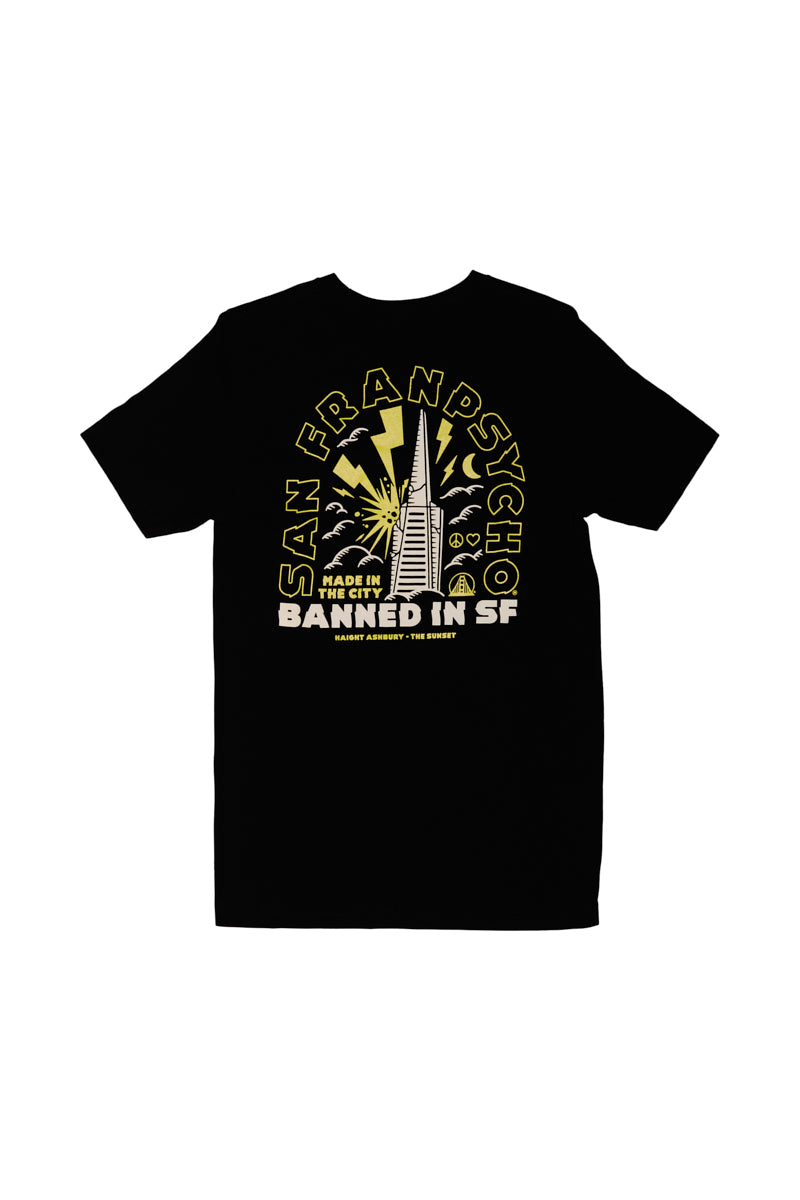 The Banned in SF Tee is a black T-shirt featuring a graphic and the text San Franpsycho, Banned in SF alongside the iconic Transamerica Pyramid. Celebrate Fall Punk Rock 2023 with this bold design capturing San Franciscos rebellious spirit.