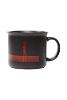 Sutro Mug, a black matte ceramic campfire mug, features a red minimalist line design inspired by the Sutro structure on its side.