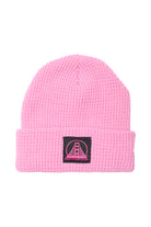 Pink Waffle Beanie w/ Black/Pink Logo featuring a bridge design and San Franpsycho text, crafted from acrylic for warmth and style.