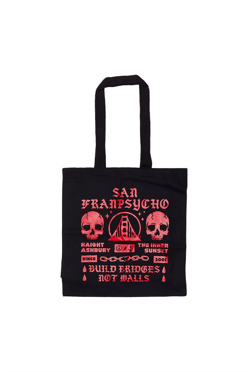 BBNW Skull Tote: black canvas bag with a red graphic of two skulls, the Golden Gate Bridge, and San Franpsycho.