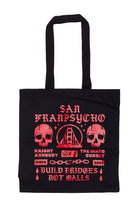 The BBNW Skull Tote is a hand-printed black canvas bag with bold red skulls, the Golden Gate Bridge, and "Build Bridges Not Walls," merging striking graphics with a powerful message.
