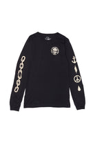 BBNW Skull Long Sleeve featuring black fabric with hand-printed white graphics—chain, anchor, peace sign, lightning bolt, and teardrop—for an authentic San Francisco punk shirt style.
