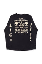Introducing the BBNW Skull Long Sleeve—a black long sleeve tee hand-printed with San Francisco-inspired skulls, a bridge graphic, and bold “Build Bridges Not Walls” text across the back in striking white. This shirt captures city energy with a rebellious punk edge.