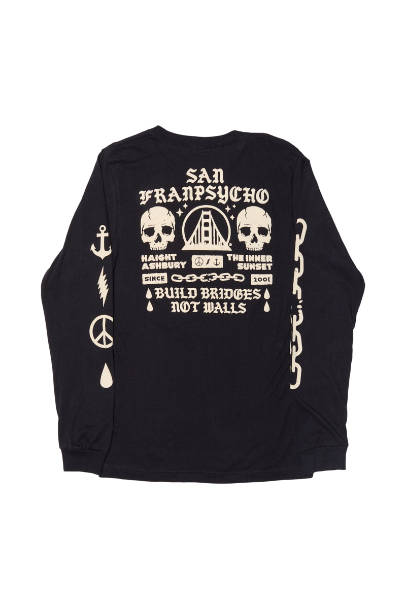 Introducing the BBNW Skull Long Sleeve—a black long sleeve tee hand-printed with San Francisco-inspired skulls, a bridge graphic, and bold “Build Bridges Not Walls” text across the back in striking white. This shirt captures city energy with a rebellious punk edge.