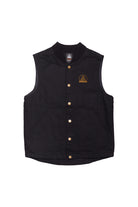 The Embroidered Logo Workwear Vest is a black sleeveless design made from durable cotton canvas, featuring gold buttons and an embroidered chest logo.