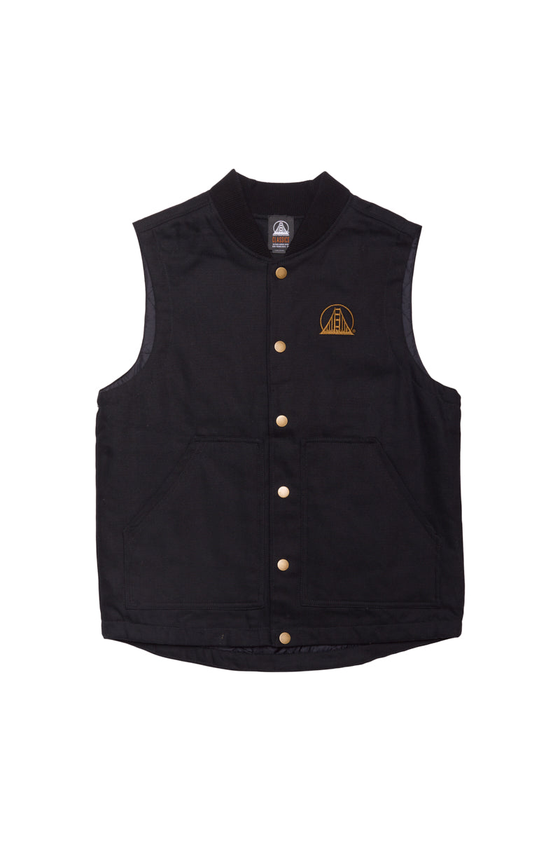 The Embroidered Logo Workwear Vest is a black sleeveless design made from durable cotton canvas, featuring gold buttons and an embroidered chest logo.