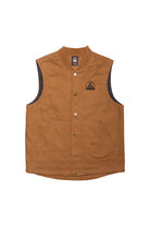 The Embroidered Logo Workwear Vest is a brown, sleeveless vest made from durable cotton canvas. It features an embroidered chest logo, buttons, and convenient pockets.