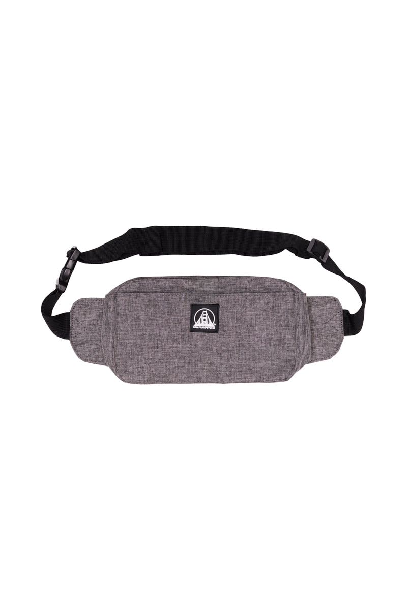 The Sling Bag is a gray waist pouch with a black adjustable strap, central logo patch, and convenient zippered pockets.