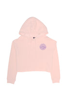 Introducing the Yin-Yang Crop Hoodie from the Spring 2024 collection, this light pink cropped hoodie channels an 80s vibe with a purple circular logo on the chest, adding a playful touch to your wardrobe.