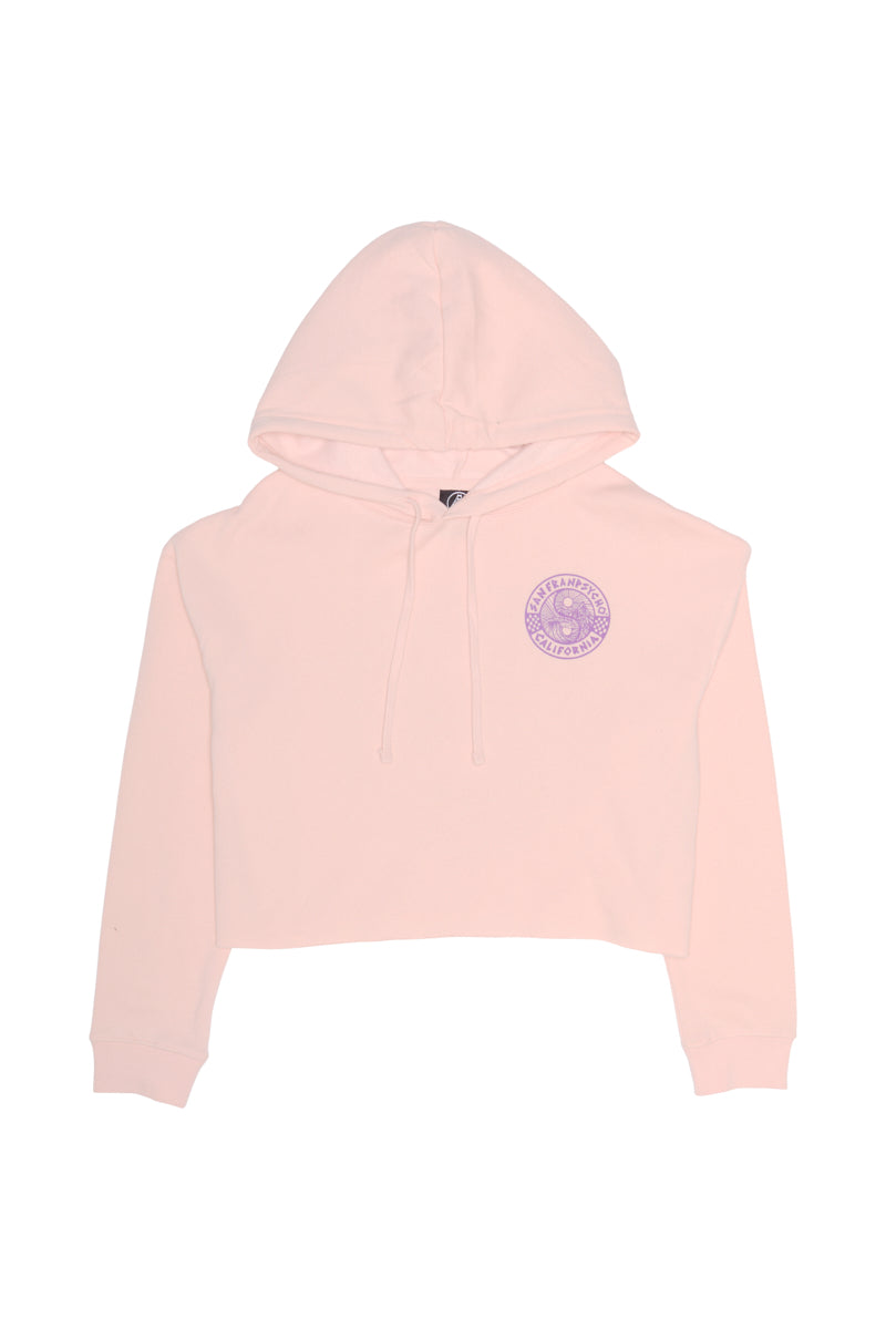 Introducing the Yin-Yang Crop Hoodie from the Spring 2024 collection, this light pink cropped hoodie channels an 80s vibe with a purple circular logo on the chest, adding a playful touch to your wardrobe.