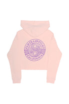 This Yin-Yang Crop Hoodie from the Spring 2024 collection is an 80s-inspired pink hoodie showcasing a purple SANFRANPSYCHO CALIFORNIA graphic with a wave design on the back.