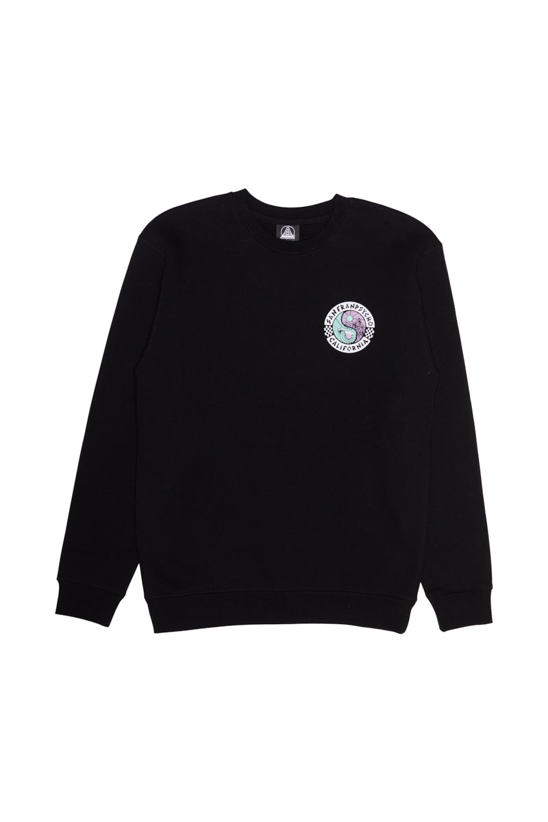 From the Spring 2024 collection, the black Yin-Yang Crewneck sweatshirt showcases a small circular graphic on the chest with a wave pattern and white text.