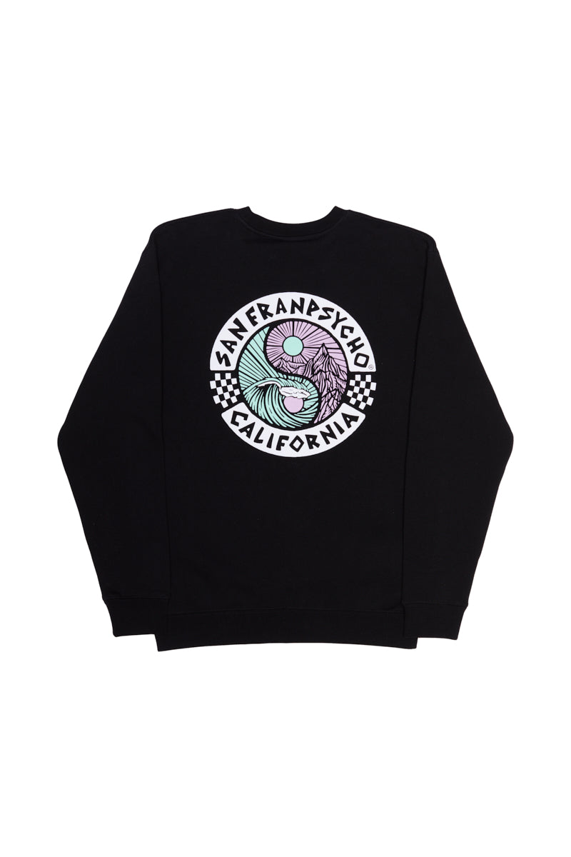 Check out our Yin-Yang Crewneck: a sweatshirt inspired by the 80s with a striking yin-yang design and the words San Franpsycho California on a sleek black background. It's part of our Spring 2024 collection.
