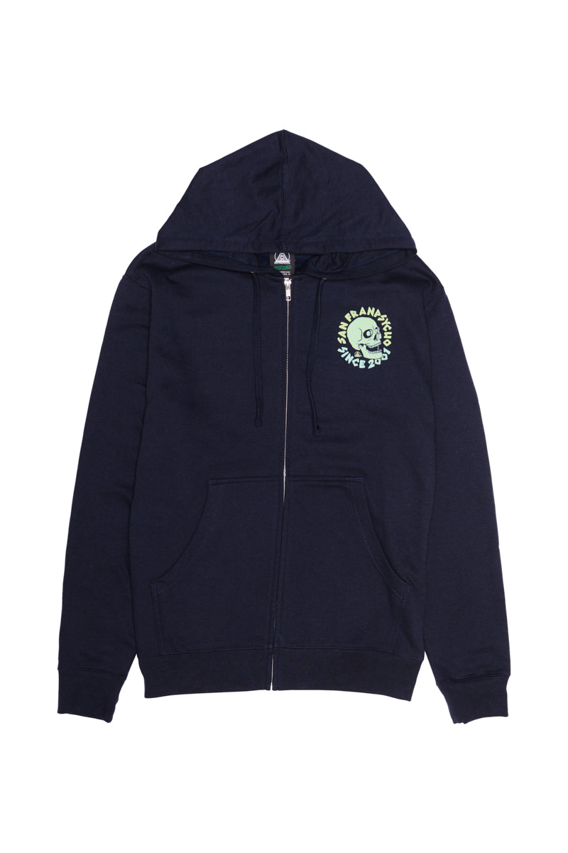 Introducing the Zebra Skull Zip-Up Hoodie from the Spring 2024 collection, featuring a sleek black design with a green face logo and text on the upper left. A must-have for any fashion-forward wardrobe.