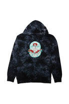 The Grateful Bones Tie-Dye Pullover Hoodie is a unisex sweatshirt featuring a vibrant black tie-dye pattern and a colorful graphic of a stylized skeleton alongside San Francisco text, adding unique flair to this eye-catching piece.