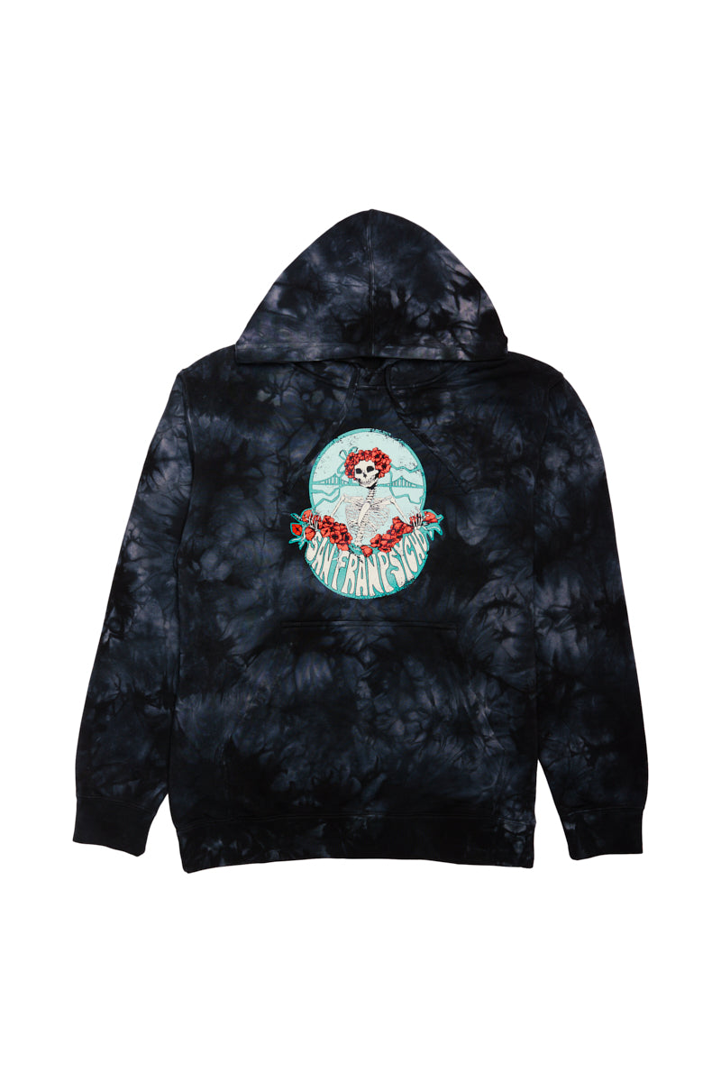 The Grateful Bones Tie-Dye Pullover Hoodie is a unisex sweatshirt featuring a vibrant black tie-dye pattern and a colorful graphic of a stylized skeleton alongside San Francisco text, adding unique flair to this eye-catching piece.