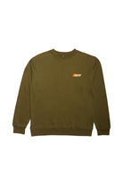 Racing Stripes Crewneck in olive green with an embroidered logo on the left chest, from our 80s-inspired collection.