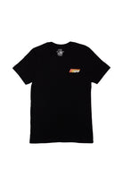 The Racing Stripes Tee in black showcases a small graphic logo on the left chest area and is crafted from 100% Airlume cotton for exceptional softness. This hand-printed T-shirt combines style with comfort, making it an ideal choice for any casual wardrobe.