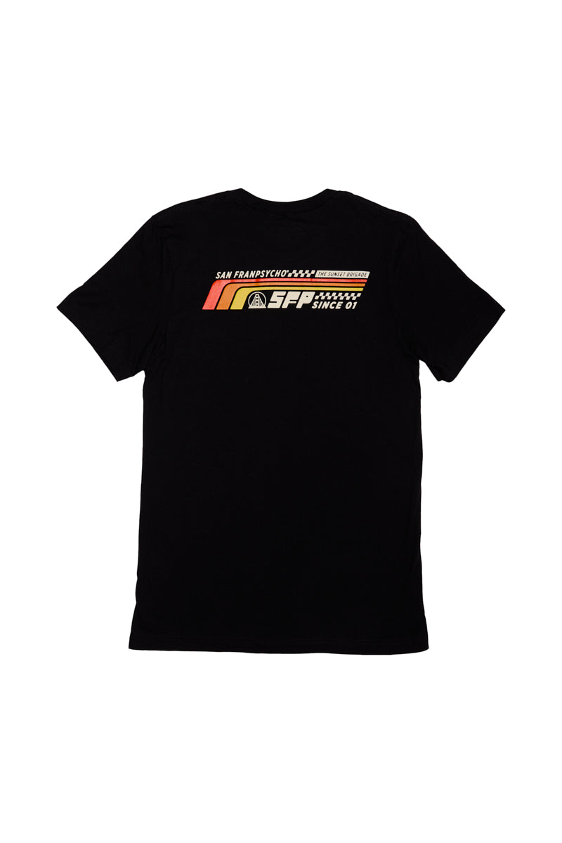 The Racing Stripes Tee features a San Francisco design with the words "Since 01" in orange and yellow on the back. It's made from 100% Airlume cotton and is hand-printed for a unique finish.