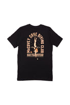McCovey Cove Diving Club Tee: A black shirt featuring a diver illustration and McCovey Cove Diving Club San Francisco logo on the back, made from 100% cotton. Ideal Giants apparel for fans eager to display their style and support.
