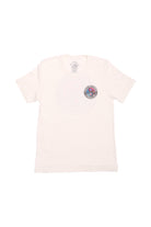 Part of the Spring 2024 collection, the Yin-Yang Tee - White showcases a small circular logo with a vibrant, 80s-inspired design on the left chest.