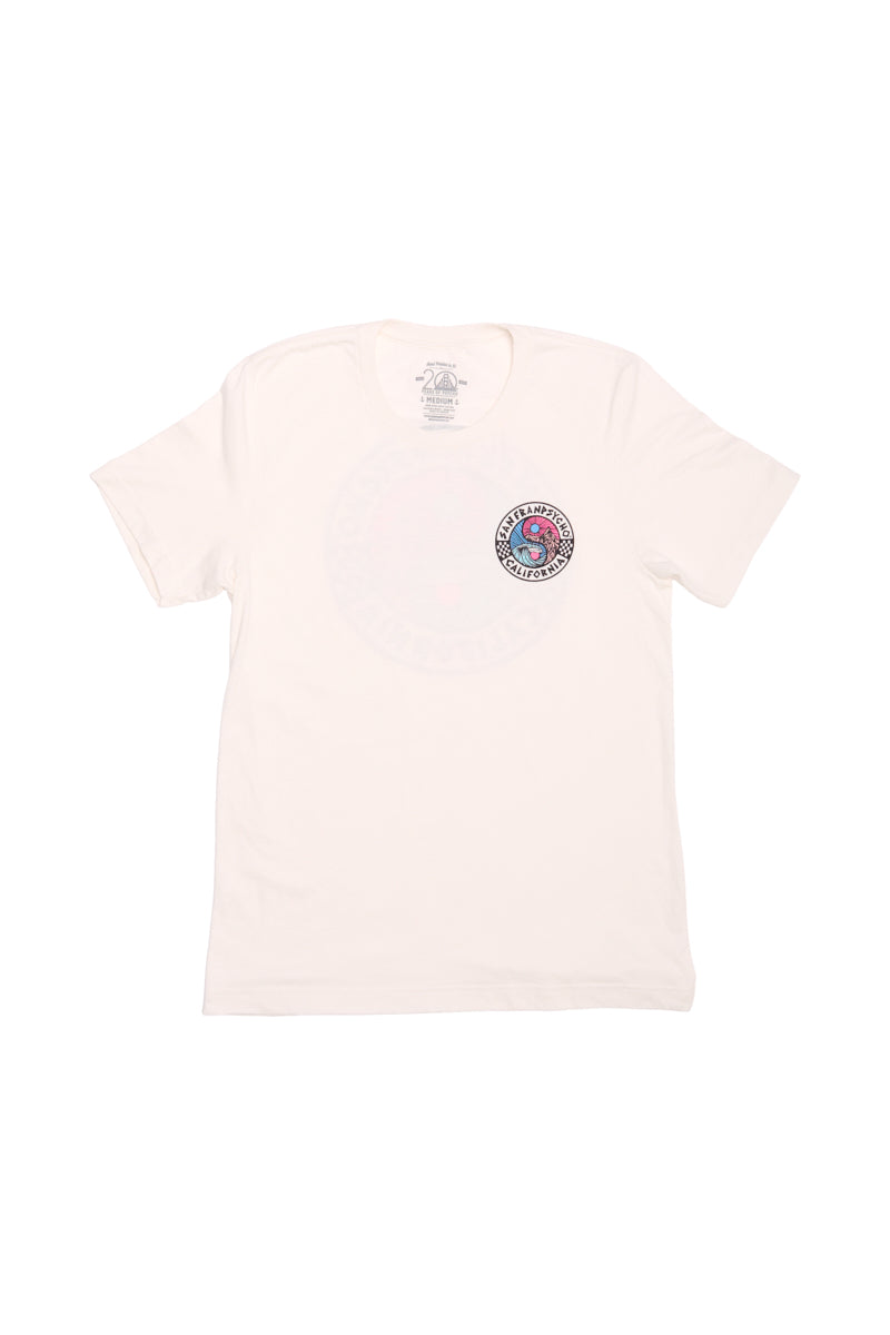 Part of the Spring 2024 collection, the Yin-Yang Tee - White showcases a small circular logo with a vibrant, 80s-inspired design on the left chest.