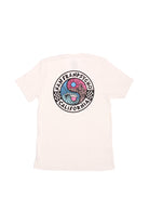 White Yin-Yang Tee with a colorful spiral and Sanfranpsycho California text on the back, part of the 80s-inspired Spring 2024 collection.
