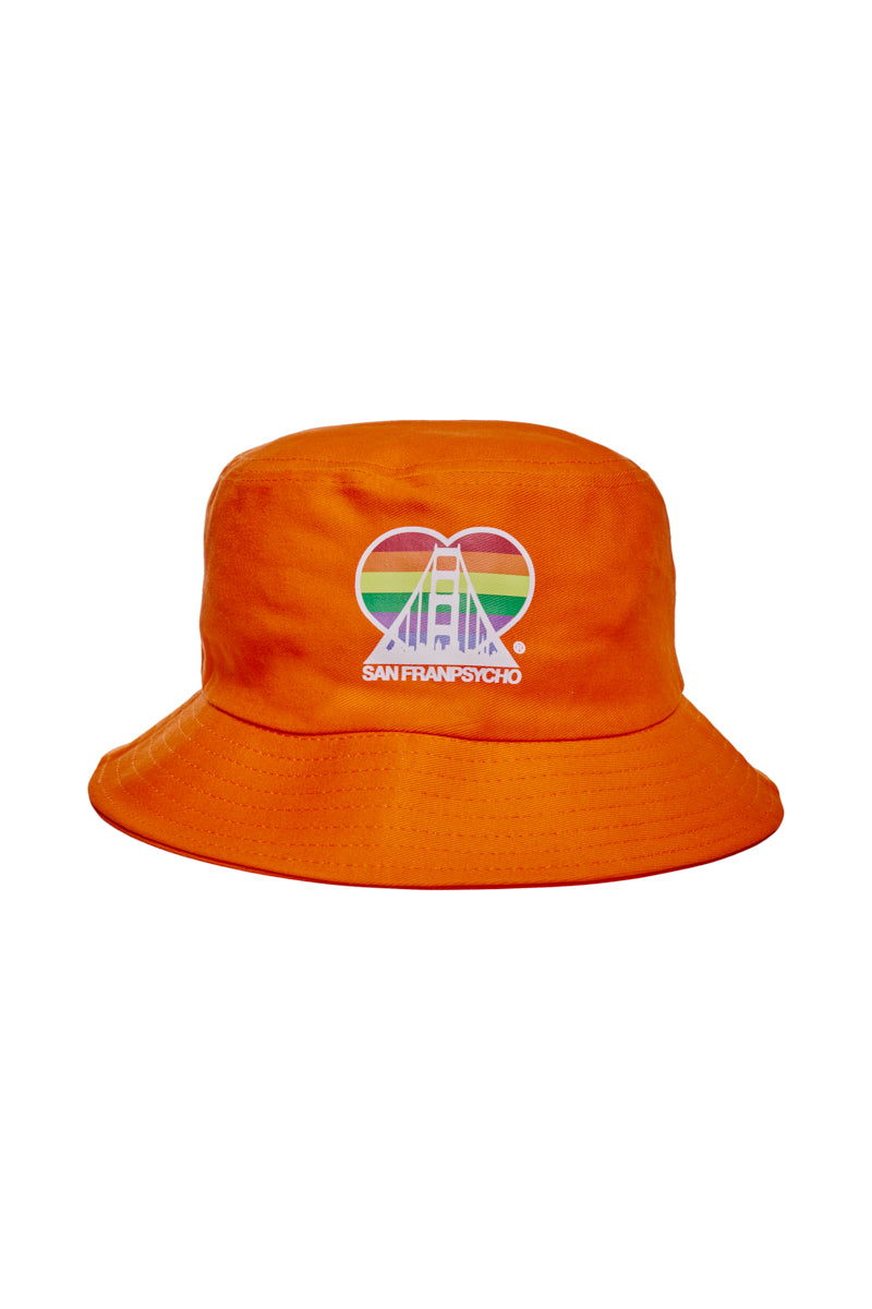 Orange Rainbow Logo Bucket Hat adorned with a vibrant rainbow logo of a bridge and the text SAN FRANPSYCHO.