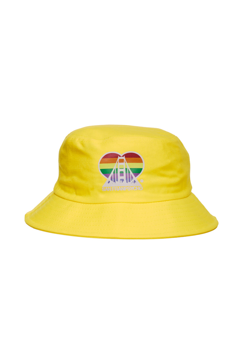 Bucket hat in yellow with a rainbow heart and bridge design, complete with a colorful rainbow logo, proudly labeled San Francisco.