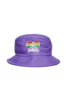 The Rainbow Logo Bucket Hat features a purple color with a heart-shaped design showcasing a bridge and sunset, enhanced by a rainbow logo and the text "SAN FRANCISCO" below.