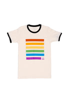 Introducing our Rainbow Stripes Tee, a fashionable ringer T-shirt with a white base and black trim, accented by vibrant rainbow-colored horizontal stripes on the front. Ideal for supporting the SF LGBT Center, this chic design seamlessly blends comfort with a meaningful cause.