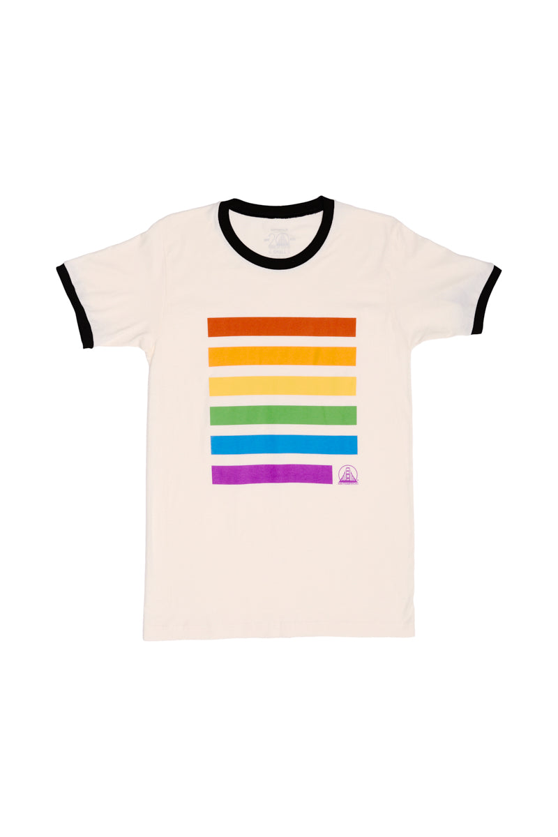 Introducing our Rainbow Stripes Tee, a fashionable ringer T-shirt with a white base and black trim, accented by vibrant rainbow-colored horizontal stripes on the front. Ideal for supporting the SF LGBT Center, this chic design seamlessly blends comfort with a meaningful cause.
